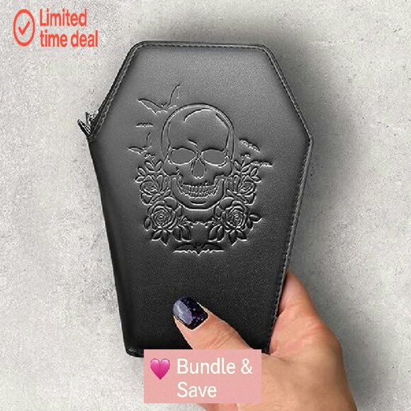 Gothic Coffin Wallet with Wristlet Strap, Vegan Faux Leather, 6 Compartments - Picture 6 of 7